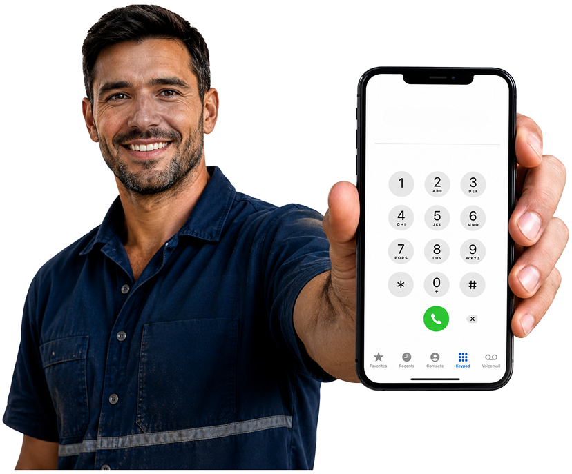 Rozelle Blocked Drains plumber holding a phone — call 1300 261 965
