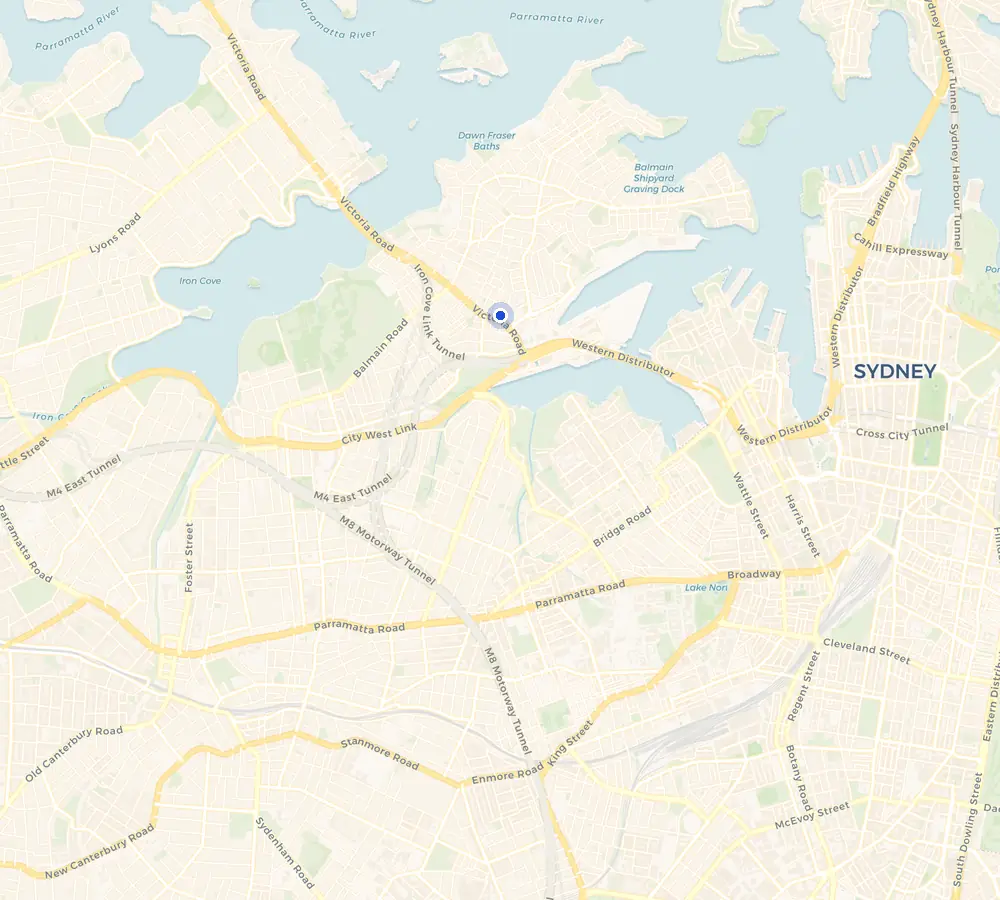 Map of the Rozelle service area and the surrounding Inner West, showing Rozelle and the nearby streets we cover.