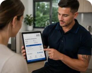 Plumber showing a Rozelle customer the quote on a tablet