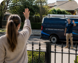 Customer waving goodbye to a Rozelle Blocked Drains plumber